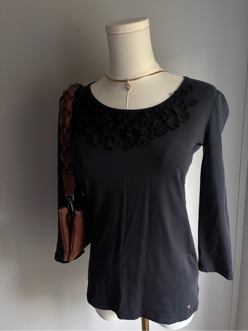Y2K Tommy Hilfiger Black Scoop Neck Long Sleeve Top with Floral Applique